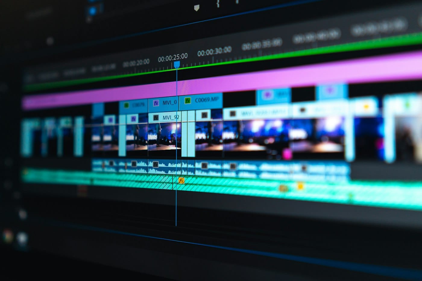 Close-up of a video editing timeline on a monitor