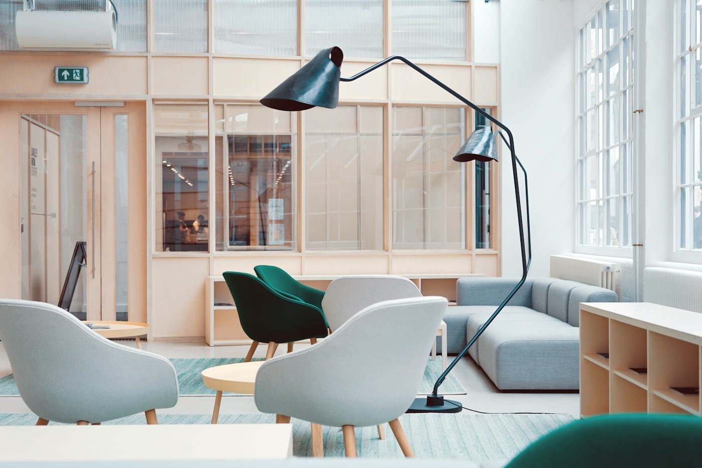 Bright shared office with plants and workspaces